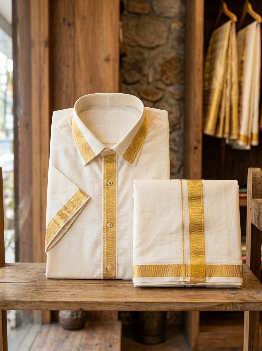 Thalaivan Pure Cotton Veshti & Angavastram Set — Ivory & Gold colourway
